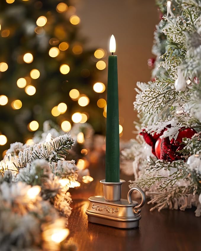 Green Flameless Taper Candles with Remote and Timer, 9.65 Inch Real Wax LED Candlesticks, Dripless Battery Operated Tall Candles with 3D Flickering Flame, 6 Pack
