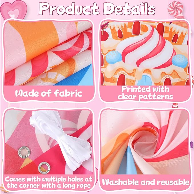 4Pcs Sweet Candyland Party Decorations Candy Door Covers Candyland Hanging Banner Backdrop Candy Land Store Porch Sign Colorful Runner Rug Background Photo Prop for Baby Shower Birthday Party Supplies