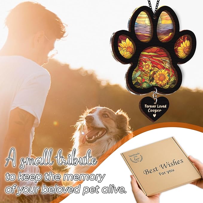 Personalized Dog Memorial Suncatcher, Paw Suncatcher Remembrance Gift, Engraved Pet Memorial Ornament, Pet Sympathy Keychain, Loss of Animal Sympathy Card, Rainbow Bridge Dog Loss Gift