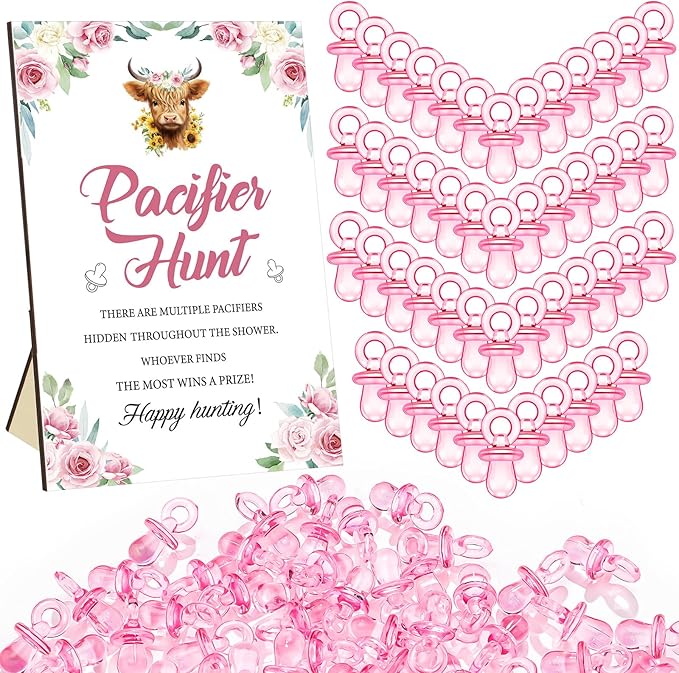 Thyle 51 Pcs Highland Cow Pacifier Hunt Baby Shower Games for Girls Include Hunt Sign and 50 Acrylic Pacifiers Boho Pink Floral Baby Shower Game Decoration Gift Sets for Gender Reveal Party Decor