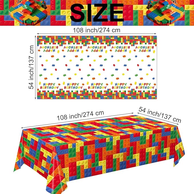 4 Pack Building Block Party Tablecloths, Colorful Blocks Bricks Disposable Plastic Table Covers for Kids’ Block-Themed Birthday Party Supplies, 54 × 108 Inches