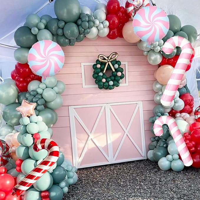 Pastel Pink Christmas Balloon Garland Arch Kit, Red Pink Green Snowflake Balloons Candy Cane Peppermint Foil Balloons for Christmas Birthday Baby Shower Decorations Xmas Candyland Nutcracker Party