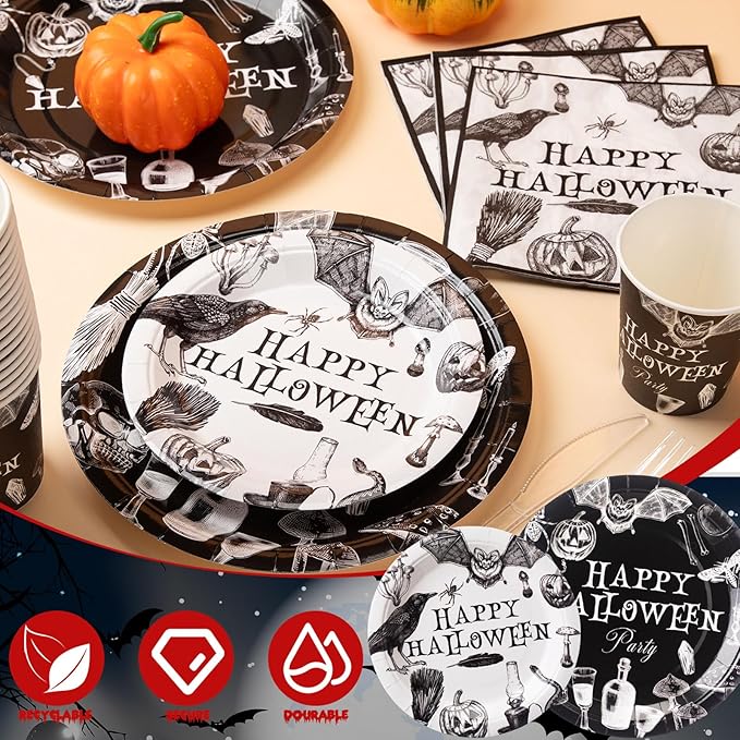 350 Pcs Happy Halloween Party Favor Vintage Halloween Decoration Disposable Tableware for 50 Guests 100 Pumpkin Skull Plates 50 Crows Bats Napkins 50 Cups 50 Sets Knives Fork Spoon