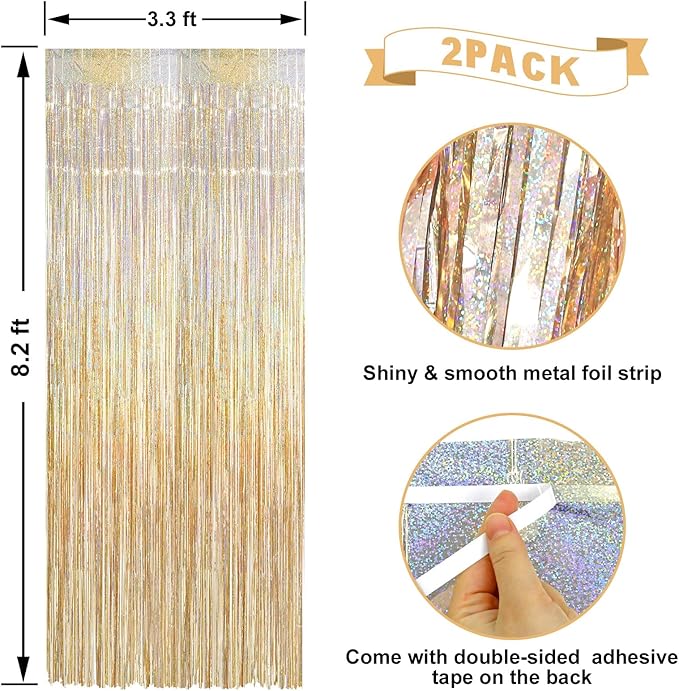 2 Pack Laser Champagne Gold Foil Fringe Curtains Streamers Party Decorations 3.3 x 8.2 ft, Tinsel Curtain Fringe Backdrop for Parties, Door Fringe Birthday Streamers, Photo Booth Backdrops