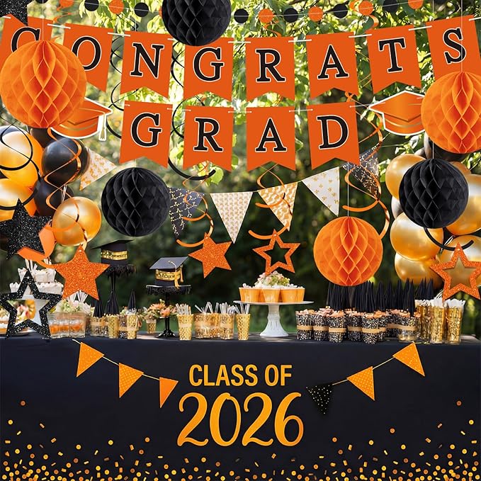 Congrats Grad Banner 2026 Graduation Decoration with Hanging Swirl Honeycomb Ball Circle Garland Grad Party Supplies for College Senior High School Classroom Decor(Orange and Black)