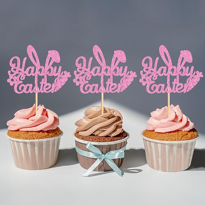 Ercadio 24Pcs Happy Easter Cupcake Toppers Glitter Pink Happy Easter Bunny Ears Cupcake Picks for Easter Day Theme Baby Shower Easter Birthday Party Cupcake Decorations