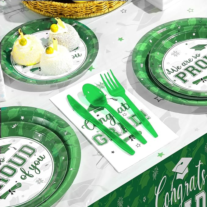 Graduation Party Supplies Congrats Grad Plates and Napkins Set Disposable Tableware Paper Plates Napkins Cups Knives Spoons Forks Straws for Class of 2026 Graduation Party Decorations Serve100 (Green)