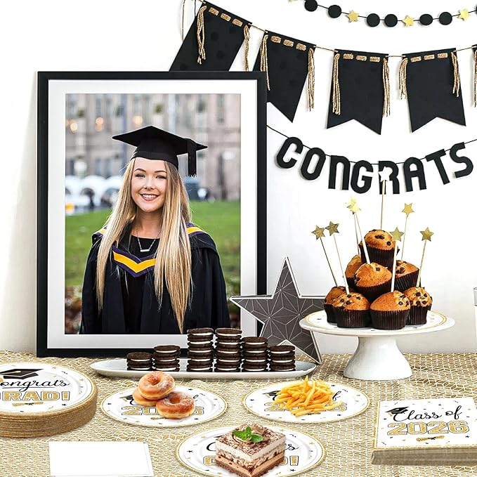 320Pcs Graduation Table Decorations Party Supplies - White Gold Graduation Plates and Napkins Class of 2026 Disposable Dinnerware Set for College High School Congrats Grad Party Favors, Serve 80