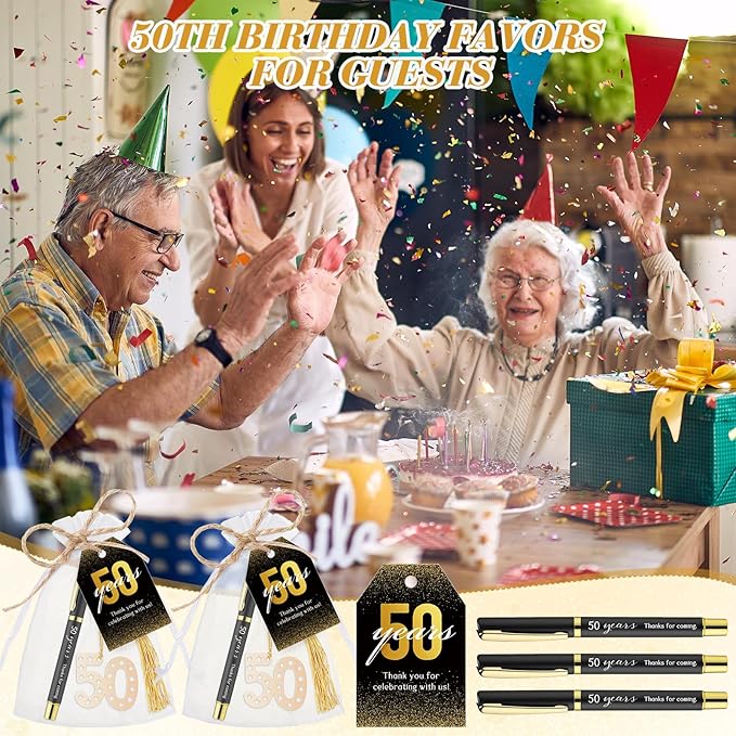 Spakon 25 Set 50th Birthday Party Favor for Guest Anniversary Party Favor Golden Birthday Bookmark Thanks for Coming Pen with Tag Appreciation Gifts for Women Men Wedding New Year