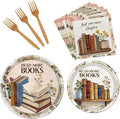 Rakuto Book Themed Party Tableware Decorations, 96PCS Book Club Paper Plates Napkins and Forks, Library Reading Club Party Decor, Serve 24