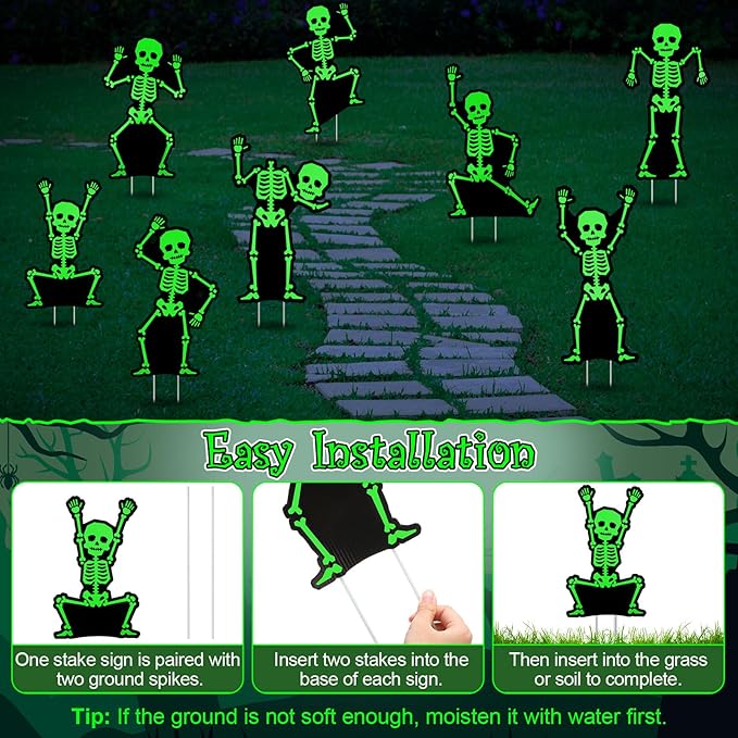 Jetec 8 Pcs Halloween Outdoor Decorations Glow in The Dark Skeleton with Stakes Luminous Halloween Graveyard Decoration Funny Skeleton Yard Signs for Outdoor Lawn Yard Garden
