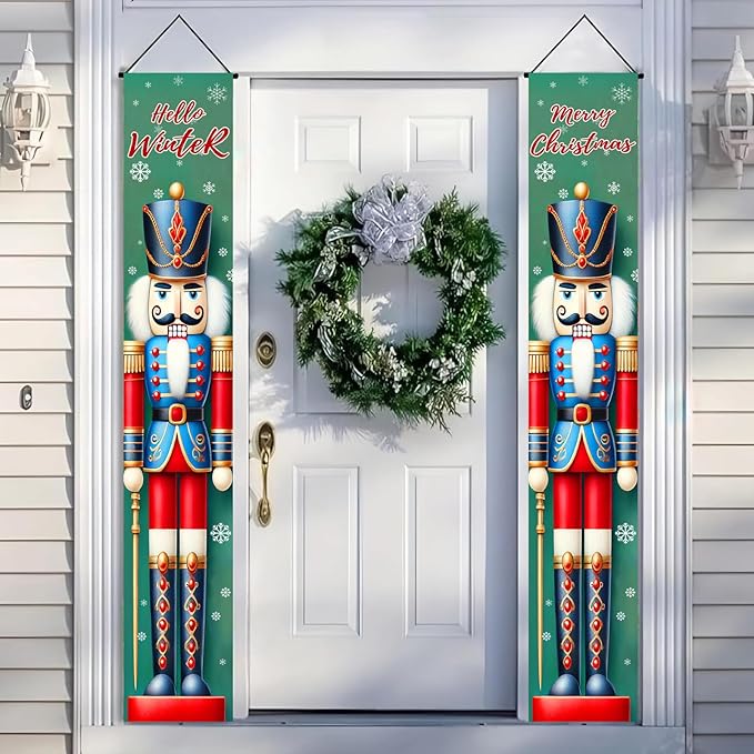 Nutcracker Christmas Porch Banners 12×71 Inch Hello Winter Merry Christmas Door Decorations Red Blue Nutcracker Soldier Banner for Front Door Wall Outdoor Holiday Seasonal Décor