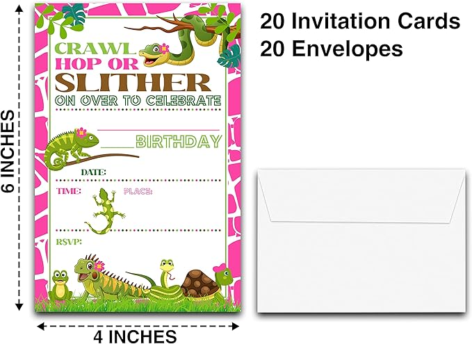 4" x 6" Reptile Theme Birthday Party Invitation Cards With Envelopes - Lizard Snake Turtle - Fill In Style Party Invitation - 20 Sets - E26