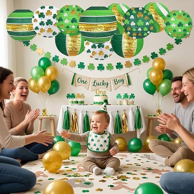ADLKGG St Patricks Day Decorations Paper Lanterns, 8" Round Hanging Green Clover Lanterns for Irish Party Saint Patricks Day, Easy to Hang Festive Indoor Outdoor Party Supplies, Classroom Decor, 12pcs
