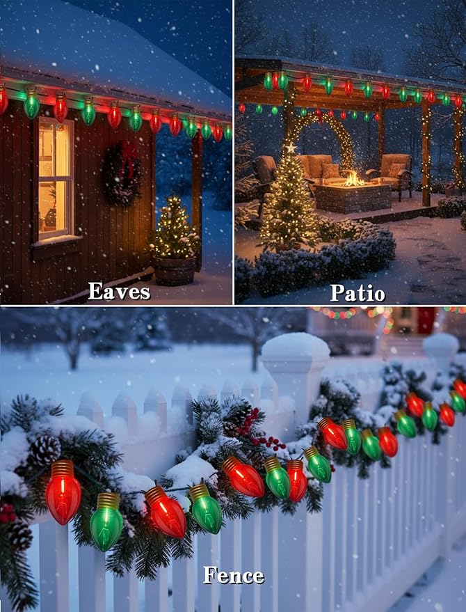 16FT Jumbo Red and Greeen Christmas Lights,Outdoor Giant Christmas Decorations Lights with 10 LED Clear Red and Greeen Bulbs for Tree Holiday Home Roof Yard Garden Decorations