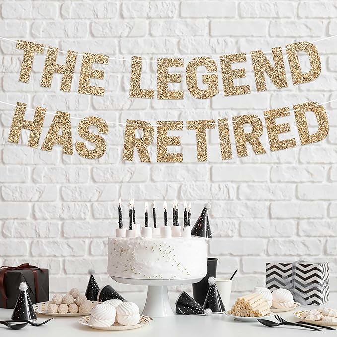 Pre-Strung The Legend Has Retired Banner - No DIY - Gold Glitter Happy Retirement Banner - Pre-Strung on 8 ft Strand - Happy Retirement Party Decorations for Men & Women. Did We Mention No DIY