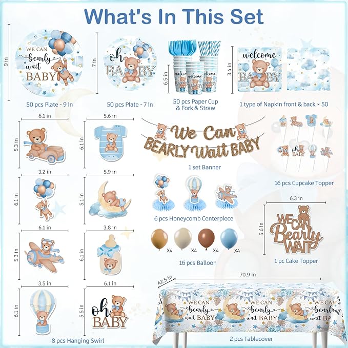 366PCS Blue Baby Shower Decorations Serves 50, Boy Baby Shower Include Banner, Plates, Balloons, Cake Topper and Tablecloths, for Baby Boy Shower Decorations