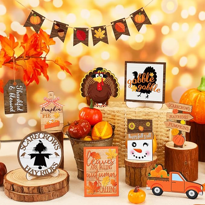 15 Pcs Thanksgiving Tiered Tray Decorations Set Thanksgiving Fall Pumpkin Turkey Home Decorations Rustic Farmhouse Truck Wooden Sign Spice Blocks Autumn Wooden Sign for Gift Tabletop