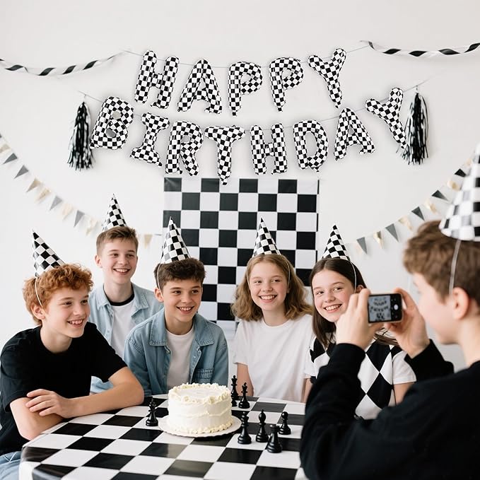 TONIFUL Checkered Happy Birthday Balloons 16 Inch Teal Blue Mylar Foil Letters Birthday Sign Banner Balloon for Girls Boys Kids & Adults Birthday Decorations and Party Supplies