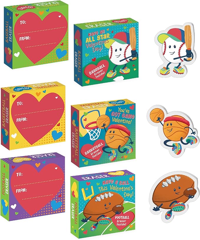 Peaceable Kingdom Valentines Box for Kids, Valentines Day Box Kit for Valentines Cards for Kids Classroom - Sports Eraser Valentines