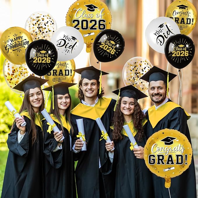 Black and Gold Graduation Balloons Graduation Decorations 2026, 51Pcs Grad Latex Balloons and Grad Foil Balloon with Confetti Ribbons Grad Party Decorations for College High School