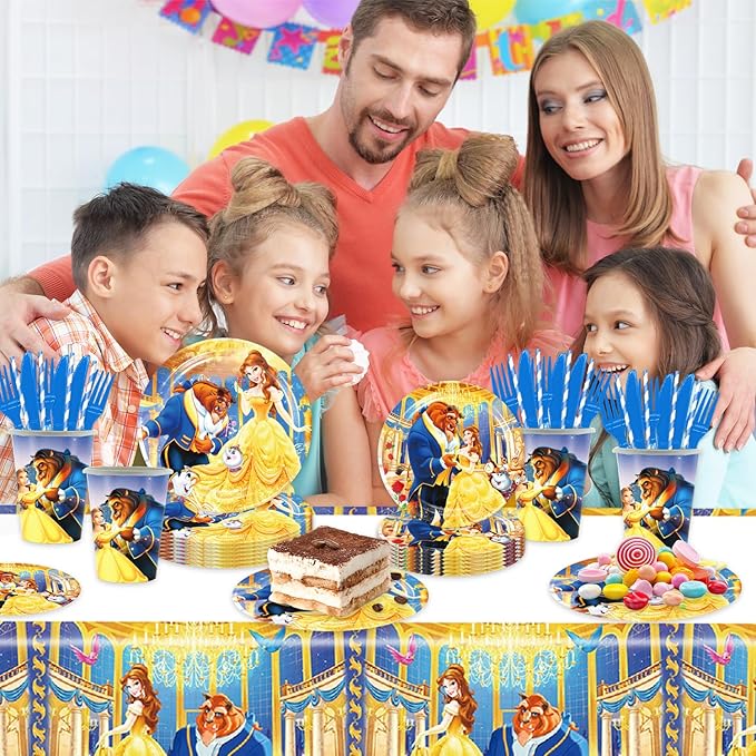 deenor 141pcs Beauty and The Beast Birthday Tableware Decorations Party Plates Cups Soccer Theme Napkins Beach Ball Tablecloth for Soccer Party Decoration (Beast)