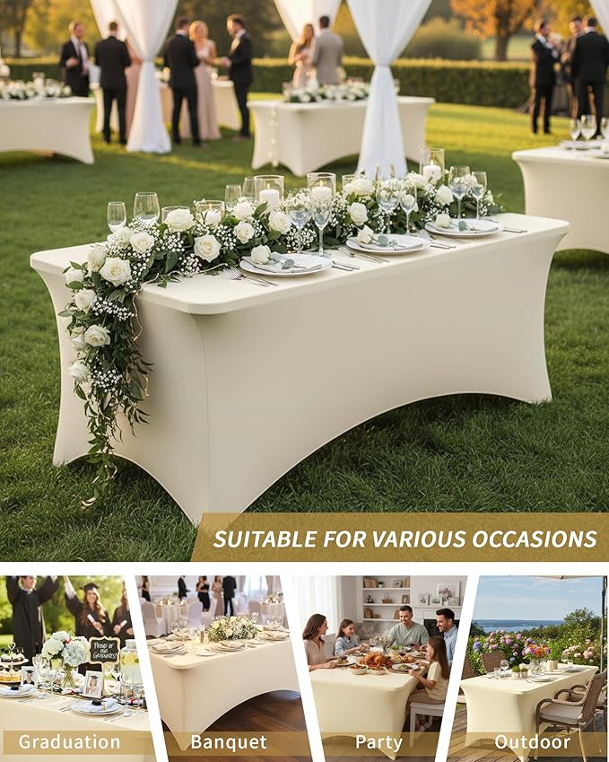 Fixwal 3 Pack Ivory Table Cloths Rectangle 6FT, Tablecloths Rectangular Stretch Spandex Fitted Table Covers 6ft for Parties, Trade Shows, Banquet, Weddings, Buffet, Graduation