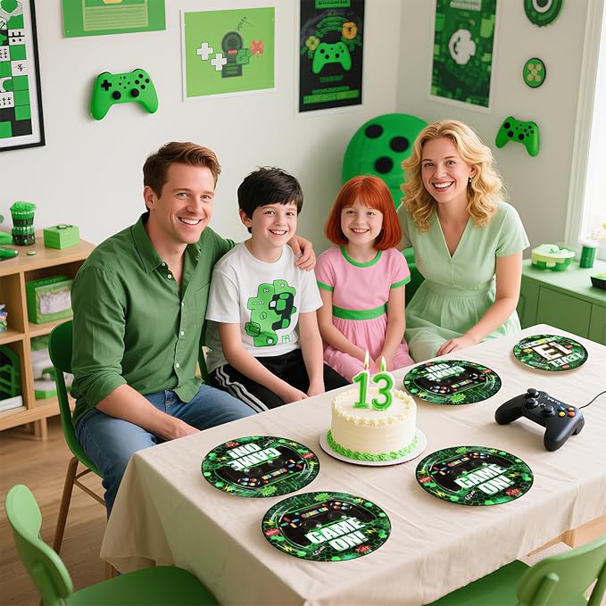 Grencian 96Pcs 13th Birthday Video Game Party Supplies Green Video Game Plates and Napkins Level Unlocked Tableware Set for Gaming Boys 13 Year Old Kids Birthday Party Decorations Serves 24