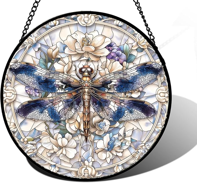 Stained Glass Window Hanging, Dragonfly Flower Suncatcher for Doors Home Sun Catchers Decoration and Christmas, Mother's Day Birthday Gifts for Women, Men, and Mom 7.8 in