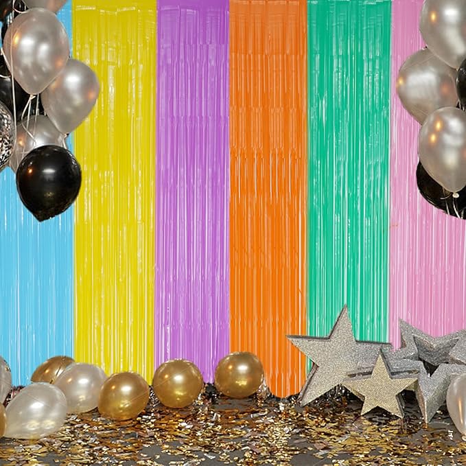 2 Pack Foil Fringe Backdrop - Pastel Combo Rainbow Shiny Tinsel Curtains for Party Decoration/Photo Booth Props - 3.3x6.6 FT Metallic Foil Backdrop for Birthday/Wedding/Graduation/Christmas