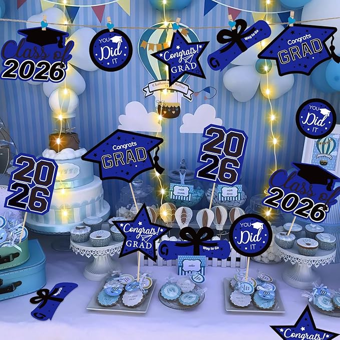 OuMuaMua Graduation Decorations Class of 2026-30pcs Blue and Black Graduation Table Centerpieces Sticks Table Toppers with Lights for College High School Congrats Grad Party Supplies