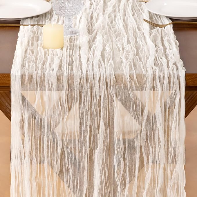 Socomi Ivory Cheesecloth Table Runner Tulle Gauze Cheese clothBoho Rustic 120 inch 10FT Runner for Wedding Party Baby Shower Birthday Holiday Decorations 3pcs