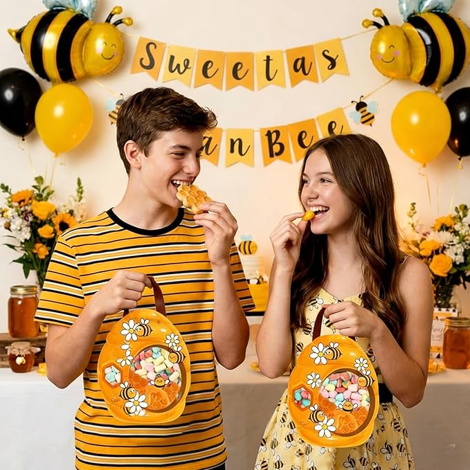 ReliThick 50 Pcs Bee Gift Bags with Handles, Sealed Plastic Honeycomb Bee Party Favors Bags Bulk Daisy Honey Goodie Candy Treat Pouch for Snack Spring Summer Birthday Baby Shower Decor Supply
