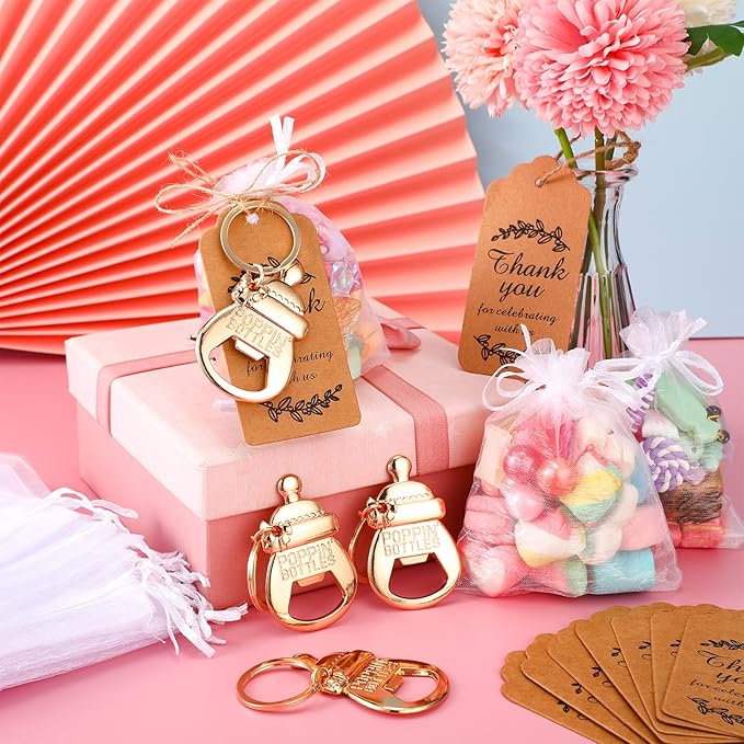 CHENGU Popping Bottle Openers Baby Shower Return Favors for Guests Bottle Opener Decorations and Souvenirs with Organza Bags Thank You Tags for Theme Party Favors (Keychain Style,151 Pieces)