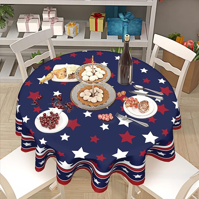 4th of July Tablecloth Round 60 Inch Patriotic Independence Day American Flag Table Cloth Washable Navy Blue Memorial Day Table Cover for Kitchen Dinner Room Holiday Picnic Party Indoor Outdoor Decor