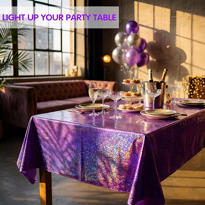 Purple Birthday Decorations - 2 Pack Laser Purple Tablecloth for K‑Style Demon Music Theme Birthday Decorations - Pink Party Decor for Korean Pop,Iridescent Party Decorations for Bachelorette Bridal