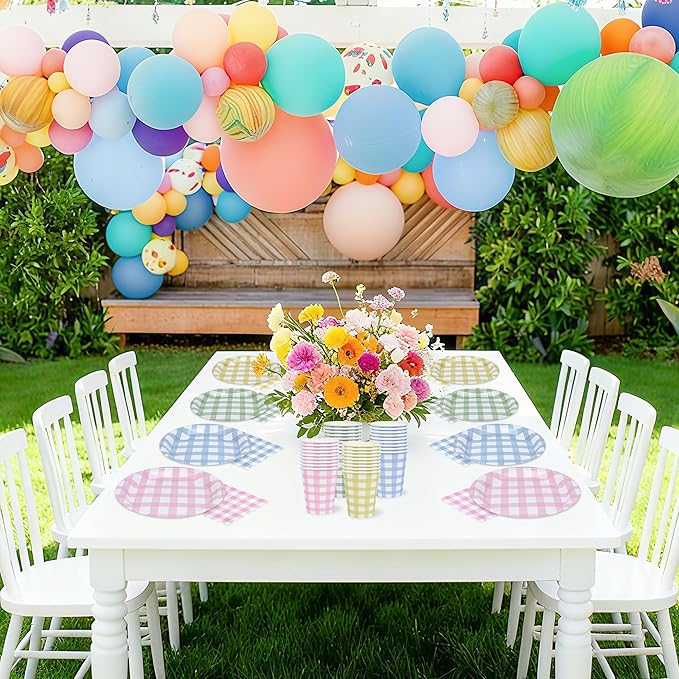 72Pcs Gingham Party Supplies 9 Inch Easter Party Colorful Dessert Paper Plates and Napkins Set Easter Disposable Round Picnic Plaid Plates Napkins Cups Checkered Dinnerware Set for Baby Shower Wedding