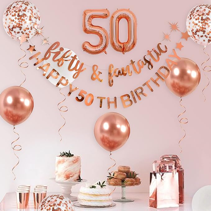 Fifty & Fantastic Rose Gold 50th Birthday Banner, Garland, Foil Balloon, Decorations, Hanging, Cheers to 50 Years Old Party Supplies Backdrop