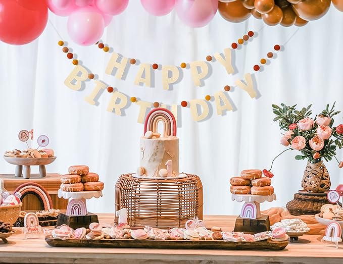 Boho Felt Happy Birthday Garland - Natural Handmade Wool Letters & Balls, Boho Birthday Decoration, Decorations for Children's Birthday Parties, Assembled Happy Birthday Banner
