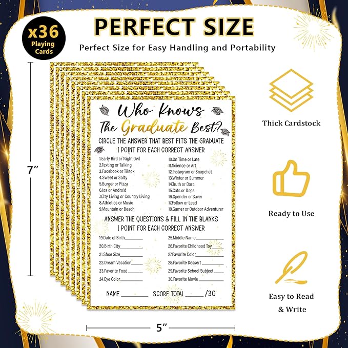 36PCS Who Knows Graduate Best Graduation Game Cards - Class of 2026 Graduation Party Games Card Graduation Games for Parties Senior High School College Graduation Party Favor Supplies
