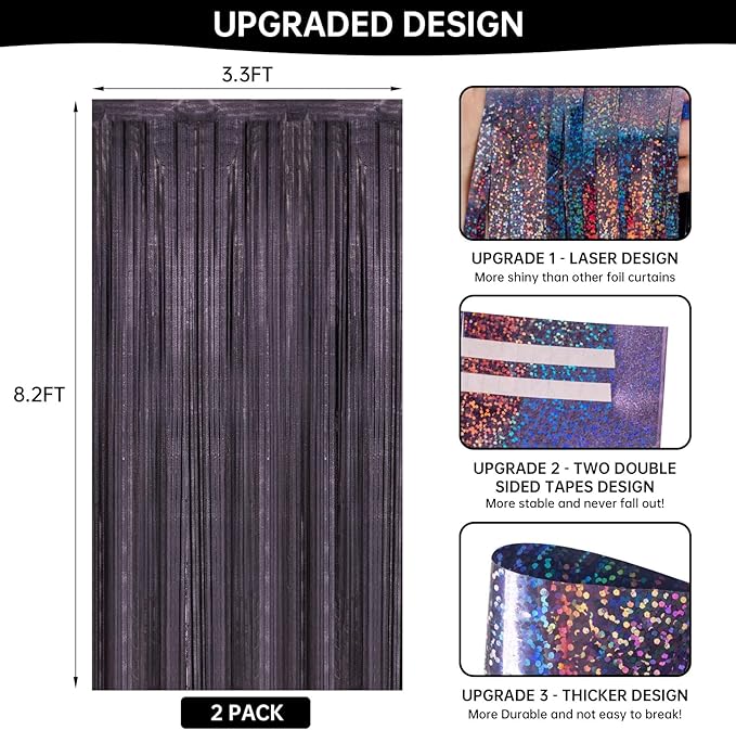 2 Pack 3.3 x 8.2 ft Tinsel Foil Fringe Curtain Backdrop, Upgraded Black Glitter Metallic Streamers Backdrop Curtains for Birthday, Graduation Prom, Halloween, Hoilday Themed Party Decorations