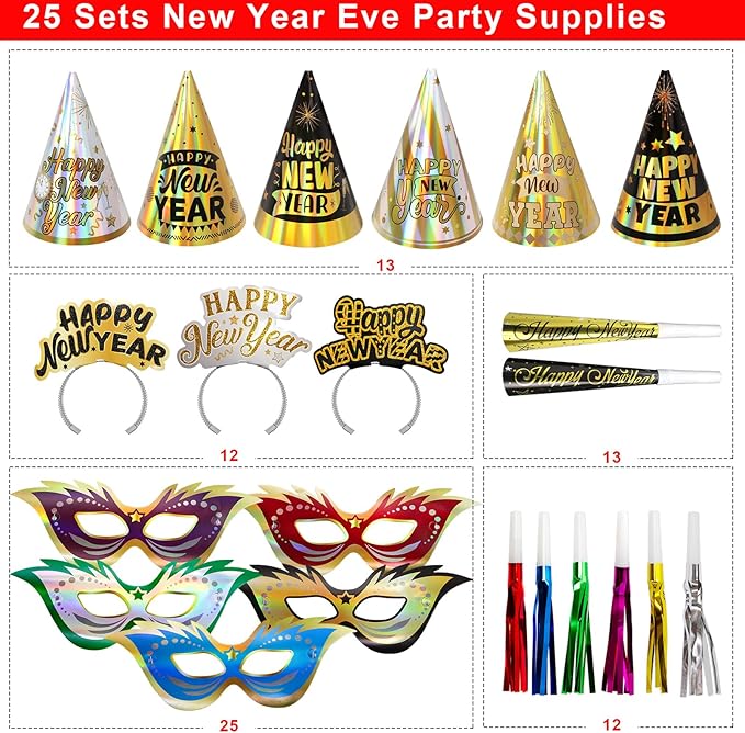 Fancy Land New Years Eve Party Supplies for 25 Guests 2026 75 Pcs NYE Party Supplies Gold Silver NYE Hats Glitter Tiaras Decorations Noise Makers Paper Masks Favors Kits