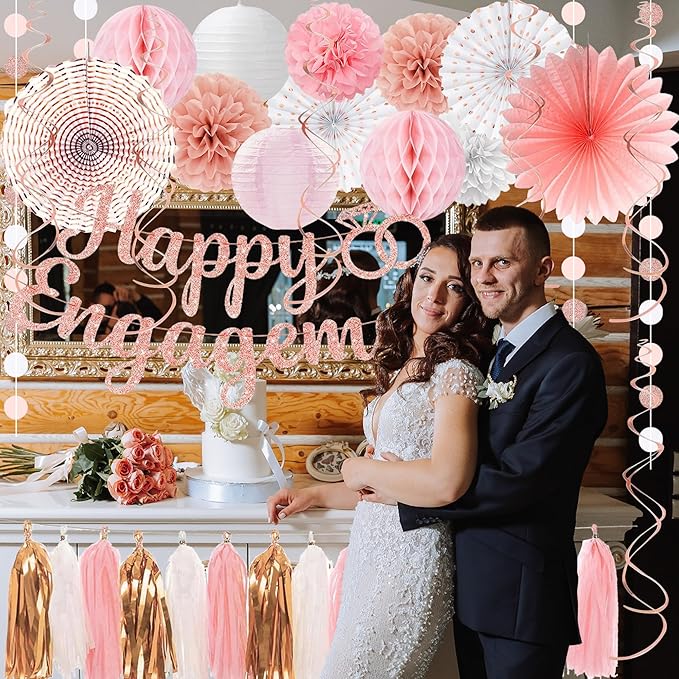 Roetyce Engagement Party Decorations, Rose Gold Glitter Happy Engagement Banner, Almost Married/Just Engaged Photo Background, Pink Congratulations Wedding Bachelorette Backdrop Decor