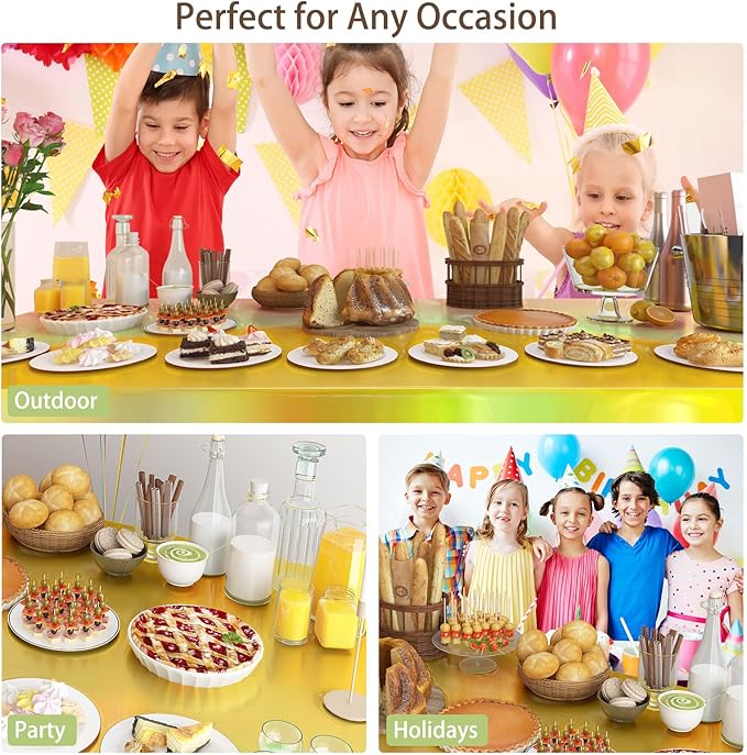 4 Pack Iridescent Plastic Tablecloths Disposable Table Cover Sparkly Foil Table Cloth for Rectangle Tables Party Decorations Birthday Princess Bridal Wedding Christmas Gold, 54 x 108 Inch