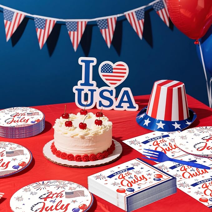 75PCS 4th of July Paper Plates and Napkins - Patriotic Themed Tableware Set Include 7in Paper Plates Napkins Forks Disposable Decoration Supplies for Independence Day Patriotic Party, Serve 25