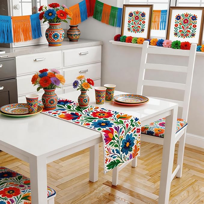 Cinco De Mayo Decorations - Mexican Floral Table Runner for Fiesta Party Decorations | Mexican Theme Birthday Decorations Taco Accessories Home Dining Room Kitchen Table Decor