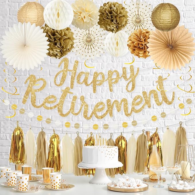 Roetyce Retirement Party Decorations Women Men, Gold Glitter Happy Retirement Banner Paper Fans Pompoms Kit, Office Retired Party Supplies for Coworker Friend, Funny Legend Has Retired Photo Backdrop