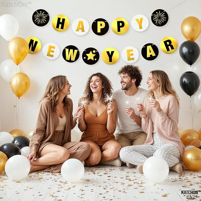 KatchOn, Shiny Happy New Year Banner 2026 - 10 Feet, Pre - Strung | Happy New Year Backdrop, Happy New Years Decorations 2026 | New Years Eve Banner, New Years Eve Party Supplies 2026 | NYE Decorations 2026