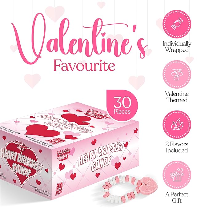 30 Pack Valentines Day Bracelet Candy – Individually Wrapped Holiday Themed Love Heart Candies – Strawberry, Tutti Frutti Delicious Flavors – Bulk Valentine Candy's Great Use, For Kids, Party Favor, Classrooms Partys, Goodie Bags