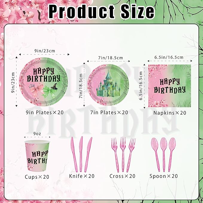 140pcs Pink and Green Witch Party Decorations Tableware, Witch Table Centerpieces Party Supplies, Tableware Set Paper Cups for Girls Birthday Party Decorations Severs 20 Guests